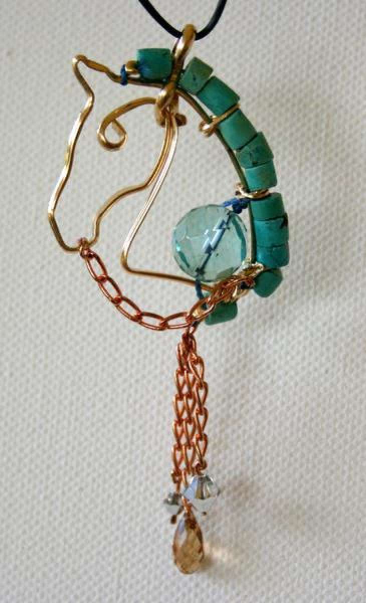 Pendant with turquoise, blue quartz, copper reins
