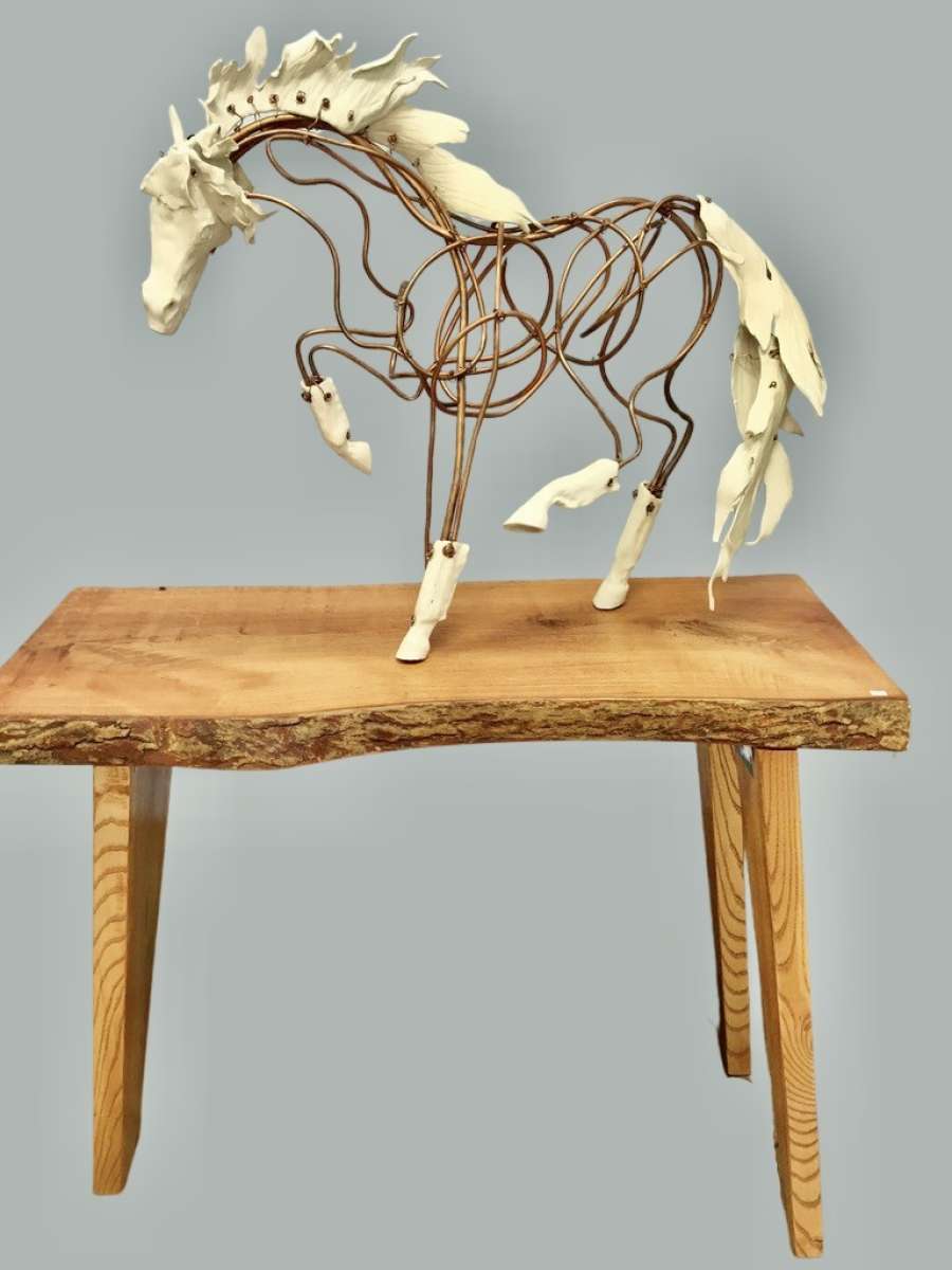 Copper and Porcelain Horse with Live Edge Ash Table Base